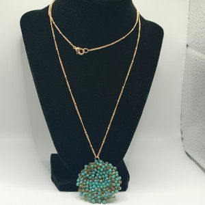 Gold Tone w/ Blue n Brown Bead Pendant Necklace